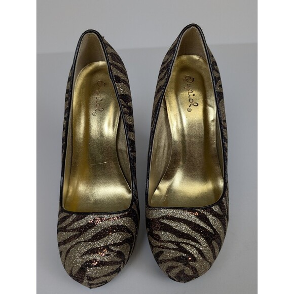 Qupid Women's Shoes 5 Inch Heels Gold Brown Stripes Size 6 Party Dress Glitter! - Picture 2 of 8